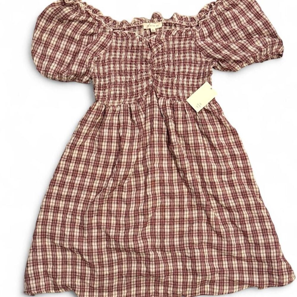 Pie in the Sky Burgundy Plaid Smocked Puff Sleeve Dress 2X